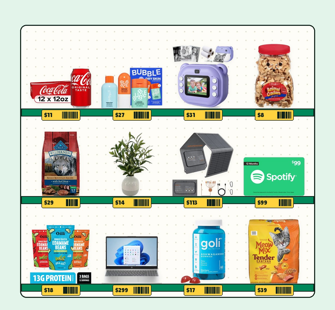 Illustrated store shelf stocked with soda, skincare, an instant camera, dog food, a laptop, a gift card and more, each with a yellow price tag