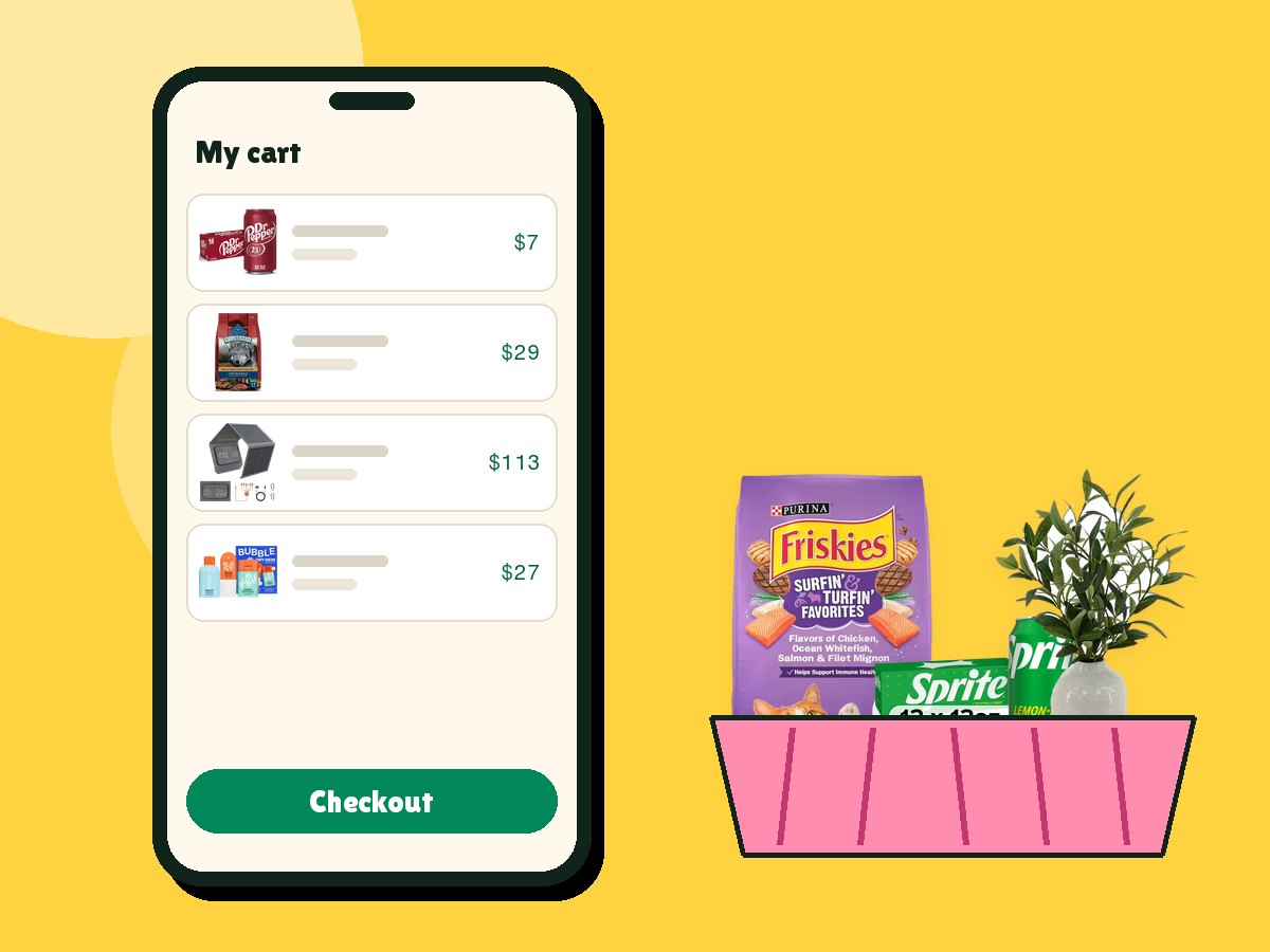 Illustration of a phone showing a shopping cart next to a pink basket of groceries